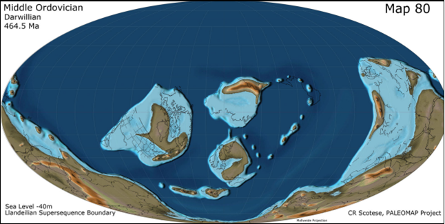 Reconstruction of the distribution of continents and smaller landmasses during the Middle Ordovician Period, about 464 million years ago.